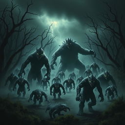 A dramatic scene depicting an army of monstrous creatures emerging from a dark, ominous forest