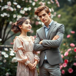 An innocent girl with porcelain skin, dressed in a delicate, feminine outfit, gently courting a snobbish, handsome guy with fair skin
