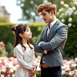 An innocent girl with porcelain skin, dressed in a delicate, feminine outfit, gently courting a snobbish, handsome guy with fair skin