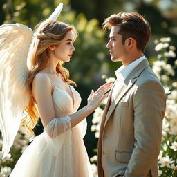 An angelic woman with porcelain skin, radiating purity and grace, gently courting a snobbish, handsome guy with fair skin