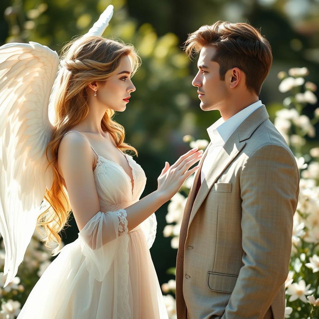 An angelic woman with porcelain skin, radiating purity and grace, gently courting a snobbish, handsome guy with fair skin