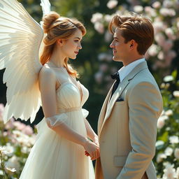 An angelic woman with porcelain skin, radiating purity and grace, gently courting a snobbish, handsome guy with fair skin