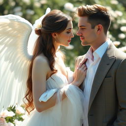 An angelic woman with porcelain skin, radiating purity and grace, gently courting a snobbish, handsome guy with fair skin