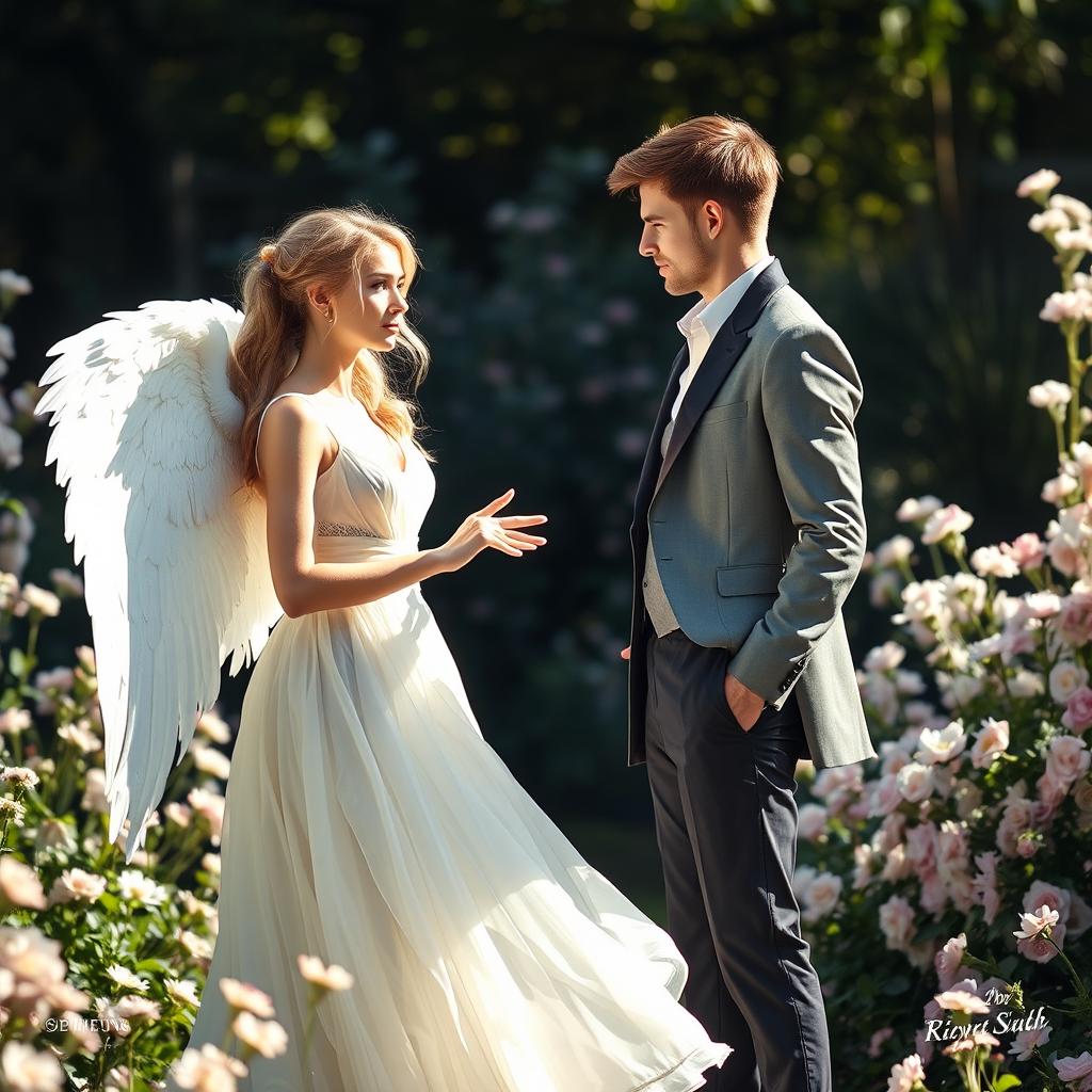 An angelic woman with porcelain skin, radiating purity and grace, gently courting a snobbish, handsome guy with fair skin