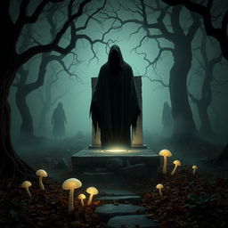 A scene depicting an eerie, dark forest shrouded in mist, with silhouettes of ancient trees twisted and gnarled