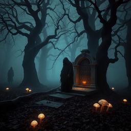 A scene depicting an eerie, dark forest shrouded in mist, with silhouettes of ancient trees twisted and gnarled