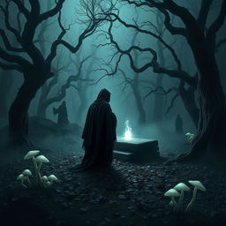 A scene depicting an eerie, dark forest shrouded in mist, with silhouettes of ancient trees twisted and gnarled