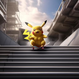 Pikachu performing a tre flip with a skateboard down an imposing stair set