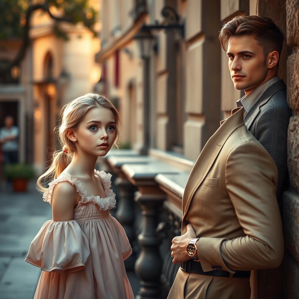 An innocent woman with porcelain skin, exuding a sense of purity and charm, is admiring a snobbish, handsome guy with fair skin from a distance