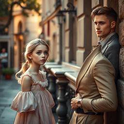 An innocent woman with porcelain skin, exuding a sense of purity and charm, is admiring a snobbish, handsome guy with fair skin from a distance