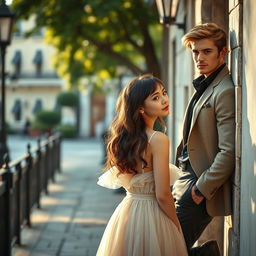 An innocent woman with porcelain skin, exuding a sense of purity and charm, is admiring a snobbish, handsome guy with fair skin from a distance