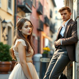 An innocent woman with porcelain skin, exuding a sense of purity and charm, is admiring a snobbish, handsome guy with fair skin from a distance
