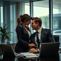 A scene depicting a secretary and her CEO boss in an intimate and suggestive moment within a modern office setting