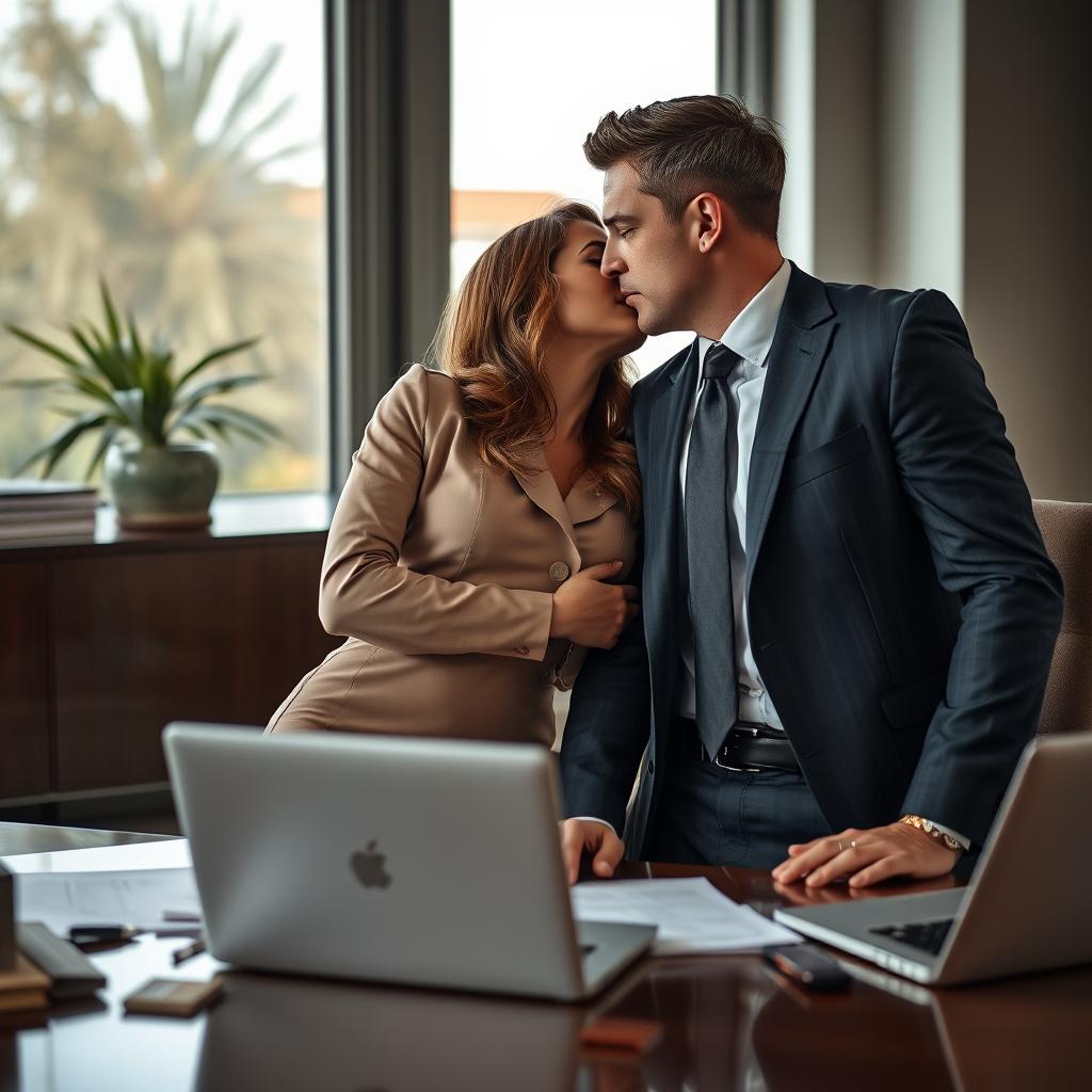 A scene depicting a secretary and her CEO boss in an intimate and suggestive moment within a modern office setting