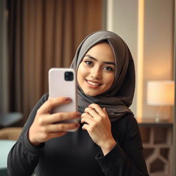 A young woman in a hijab taking a selfie in the mirror