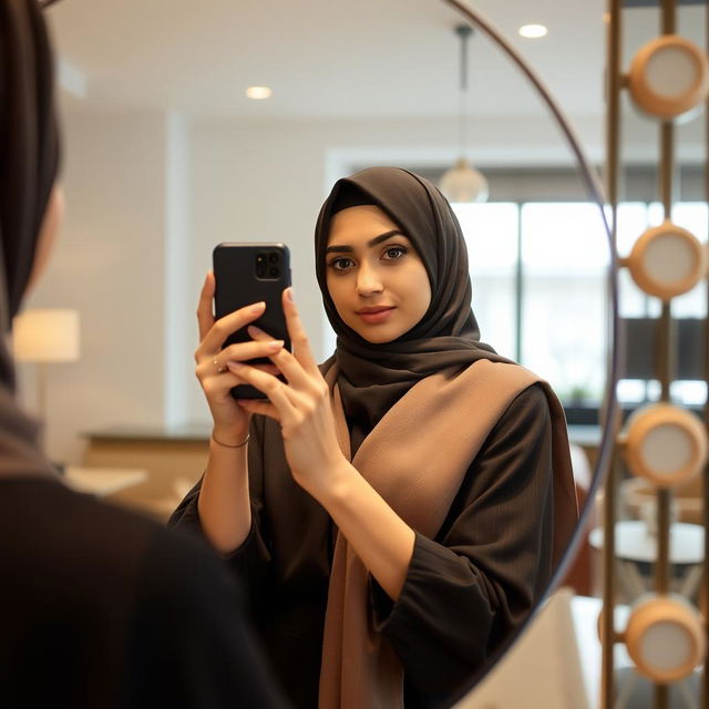 A young woman in a hijab taking a selfie in the mirror