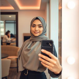 A young woman in a hijab taking a selfie in the mirror