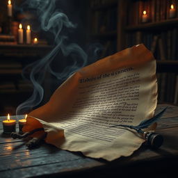 A mystical depiction of an ancient, tattered scroll containing a mysterious curse written in elegant, archaic script