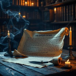 A mystical depiction of an ancient, tattered scroll containing a mysterious curse written in elegant, archaic script