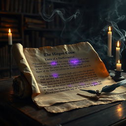 A mystical depiction of an ancient, tattered scroll containing a mysterious curse written in elegant, archaic script