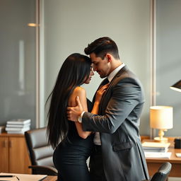 A beautiful black-haired secretary and her handsome CEO boss sharing an intimate moment within a stylish corporate office