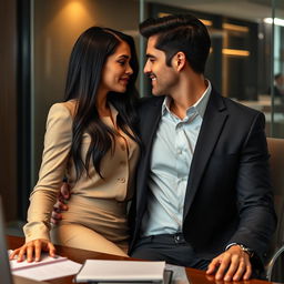 A beautiful black-haired secretary and her handsome CEO boss sharing an intimate moment within a stylish corporate office