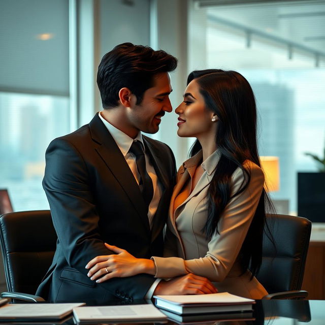 A beautiful black-haired secretary and her handsome CEO boss sharing an intimate moment within a stylish corporate office