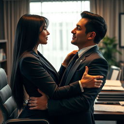 A beautiful black-haired secretary and her handsome CEO boss sharing an intimate moment within a stylish corporate office