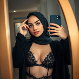 A young woman in a hijab taking a selfie in the mirror