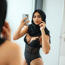 A young woman in a hijab taking a selfie in the mirror