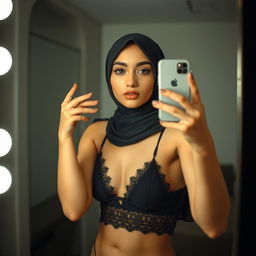 A young woman in a hijab taking a selfie in the mirror