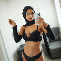 A young woman in a hijab taking a selfie in the mirror