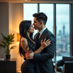 A beautiful young woman with long black hair, dressed in a professional yet alluring outfit, is sharing an intimate moment with her handsome young CEO boss in a sleek modern office