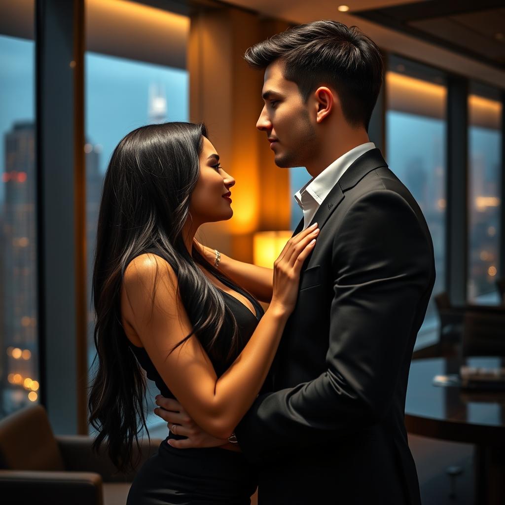 A beautiful young woman with long black hair, dressed in a professional yet alluring outfit, is sharing an intimate moment with her handsome young CEO boss in a sleek modern office