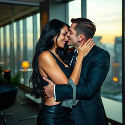 A beautiful young woman with long black hair, dressed in a professional yet alluring outfit, is sharing an intimate moment with her handsome young CEO boss in a sleek modern office