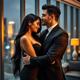 A beautiful young woman with long black hair, dressed in a professional yet alluring outfit, is sharing an intimate moment with her handsome young CEO boss in a sleek modern office