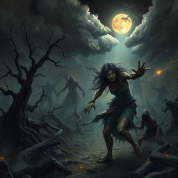 A dark fantasy scene depicting a mystical and chaotic landscape where a curse has gone wrong, featuring a desolate environment with twisted trees and ominous clouds overhead