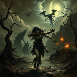 A dark fantasy scene depicting a mystical and chaotic landscape where a curse has gone wrong, featuring a desolate environment with twisted trees and ominous clouds overhead