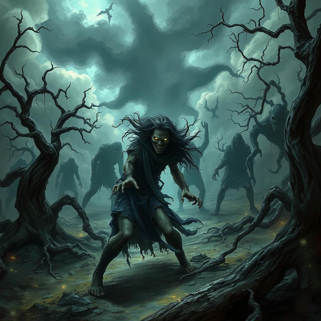 A dark fantasy scene depicting a mystical and chaotic landscape where a curse has gone wrong, featuring a desolate environment with twisted trees and ominous clouds overhead