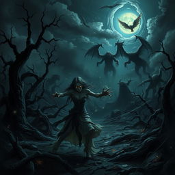 A dark fantasy scene depicting a mystical and chaotic landscape where a curse has gone wrong, featuring a desolate environment with twisted trees and ominous clouds overhead