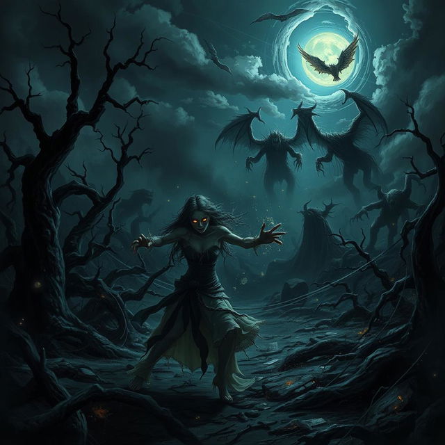 A dark fantasy scene depicting a mystical and chaotic landscape where a curse has gone wrong, featuring a desolate environment with twisted trees and ominous clouds overhead