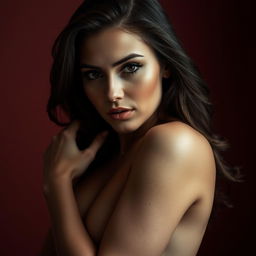 A sensual and artistic portrayal of a beautiful, confident woman with alluring features, emphasizing her curves and elegance