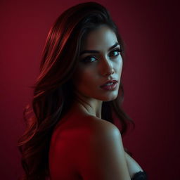 A sensual and artistic portrayal of a beautiful, confident woman with alluring features, emphasizing her curves and elegance