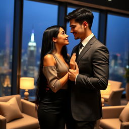 A beautiful young woman with long black hair, dressed in a stylish yet professional outfit, shares an intimate scene with her handsome young CEO boss