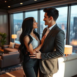 A beautiful young woman with long black hair, dressed in a stylish yet professional outfit, shares an intimate scene with her handsome young CEO boss