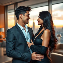A beautiful young woman with long black hair, dressed in a stylish yet professional outfit, shares an intimate scene with her handsome young CEO boss