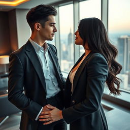 A beautiful young woman with long black hair, dressed in a stylish yet professional outfit, shares an intimate scene with her handsome young CEO boss