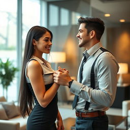 A beautiful young woman with long black hair, dressed in a stylish yet professional secretary outfit, stands in an elegant office where her handsome young CEO boss is leaning toward her with a charming smile and an air of confidence