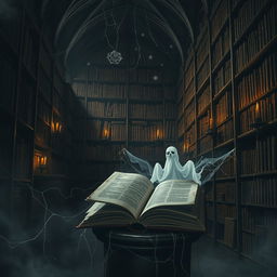 A spooky scene depicting a dark, eerie library filled with towering shelves of ancient, dusty books