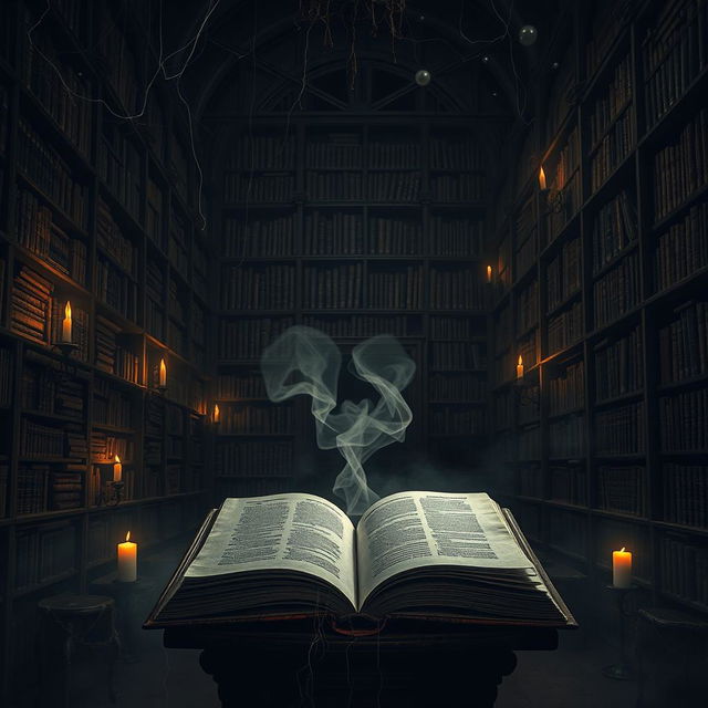 A spooky scene depicting a dark, eerie library filled with towering shelves of ancient, dusty books